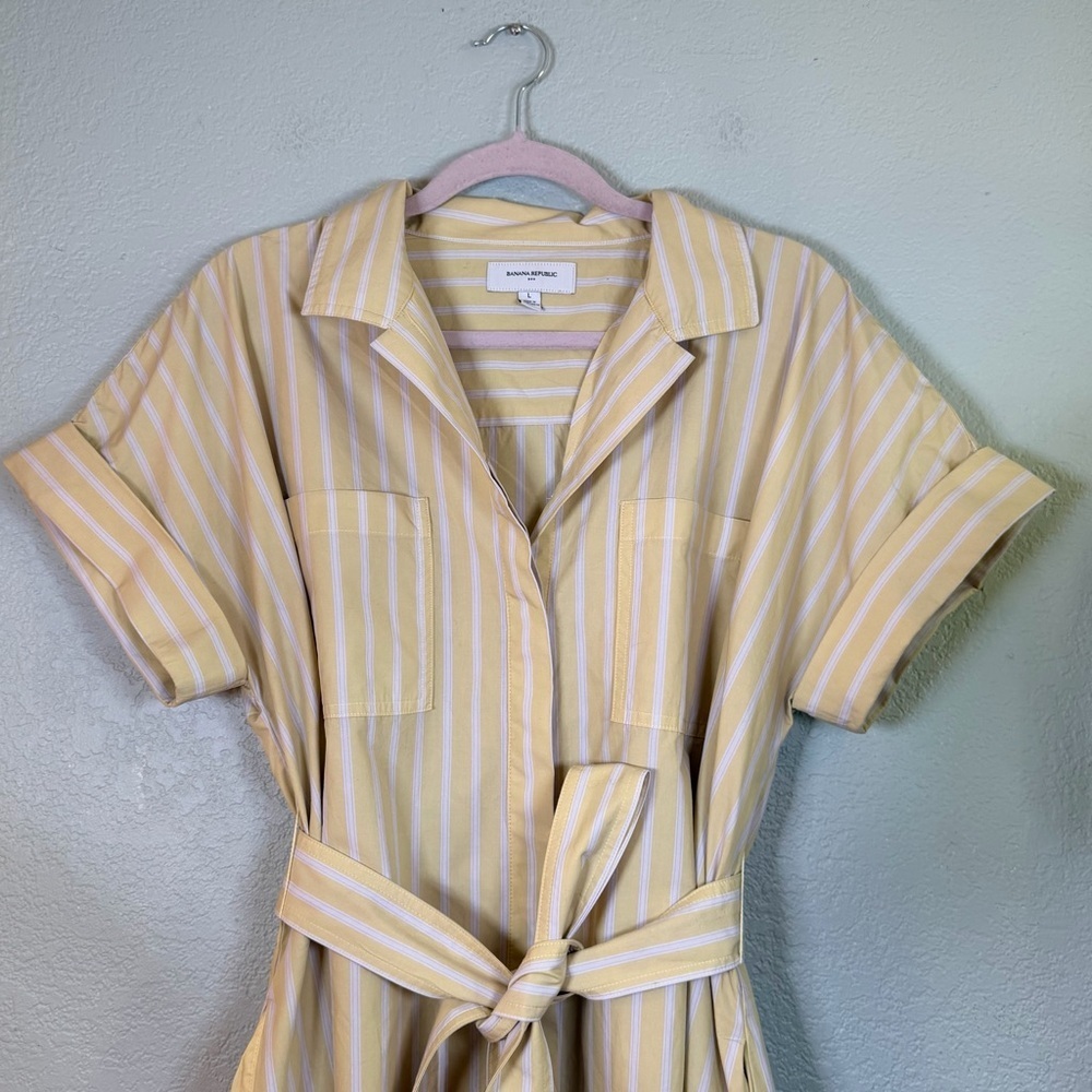 Banana Republic Cotton Butter Yellow White Striped Button Down V Neck Dress L - Picture 4 of 12